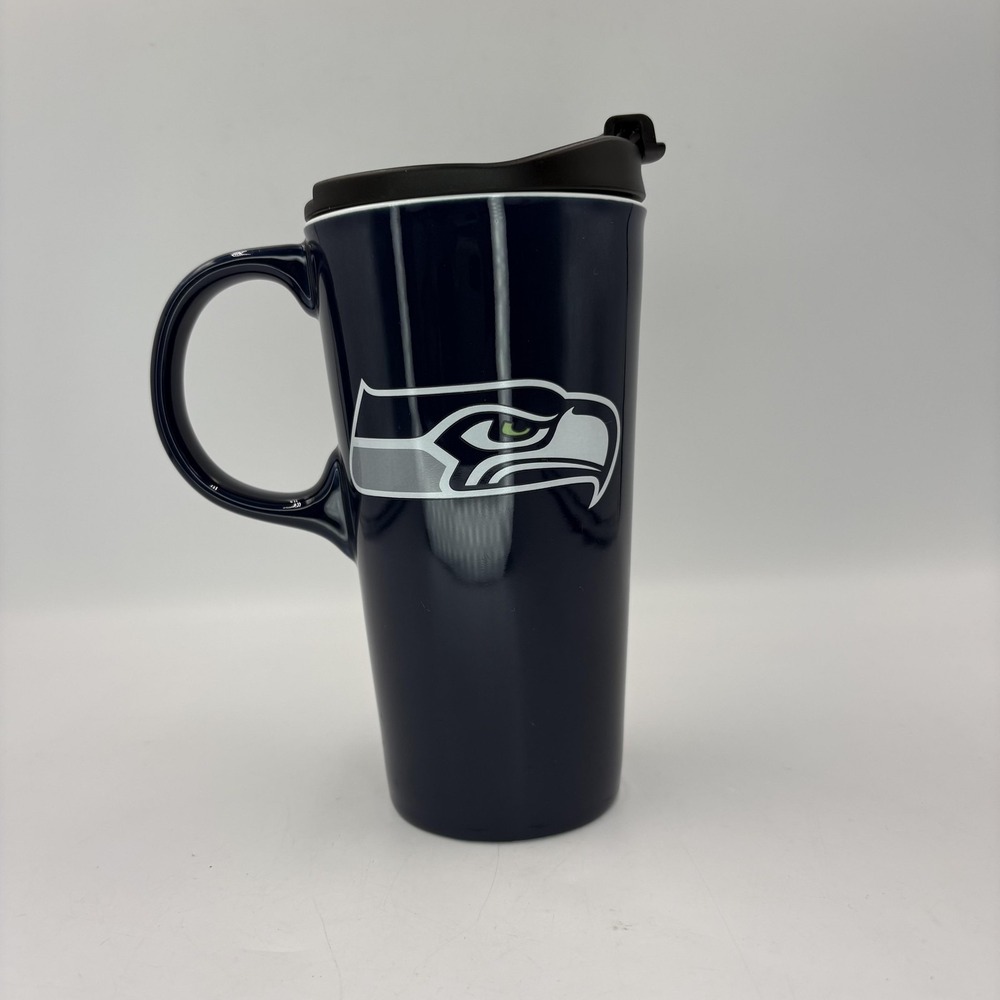 Seattle Seahawks Travel Mug Cup Blue‎ NFL Football Evergreen Ceramic With Lid